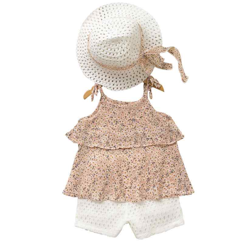 Rash Guards - 女の子 キッズ 夏服 セット 吊り帯 トップス 花柄 シフォン 素材 ノースリーブ 薄手 柔らかい 綿 90% ショートパンツ レース 刺繍 麦わら帽子 3点セット 浅緑 ピンク かわいい 花柄プリント 韓国風 3〜8歳 90〜140cm