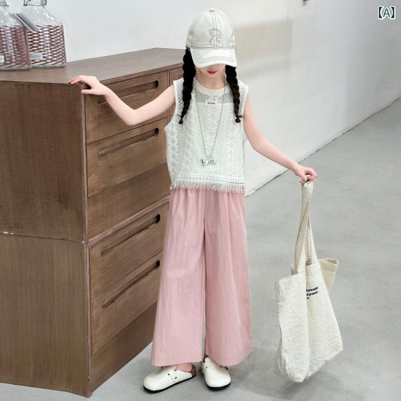 女の子 夏服 セットアップ トップス 馬甲 ハーフパンツ 薄手 綿混紡 柔軟素材 UVカット 無袖 ピンク ブルーグリーン 8歳以上 中大童 かわいい 韓国風 潮 レース 親子 お揃い 夏 薄型 純色 ピンク系 グリーン系 軽量 柔らかい 涼しい 日常使