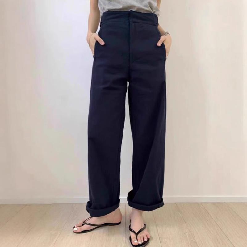 レディース ワイドパンツ 高腰 直筒 コットン ポリエステル 混紡 紡績 素材 微弾性 通勤 スタイル 気質 デザイン ポケット 付き 長丈 夏 シーズン ネイビー 隠れ股 スリム 効果 韓国風 コーディネート ハンサム ビジネス カジュアル 普段使い
