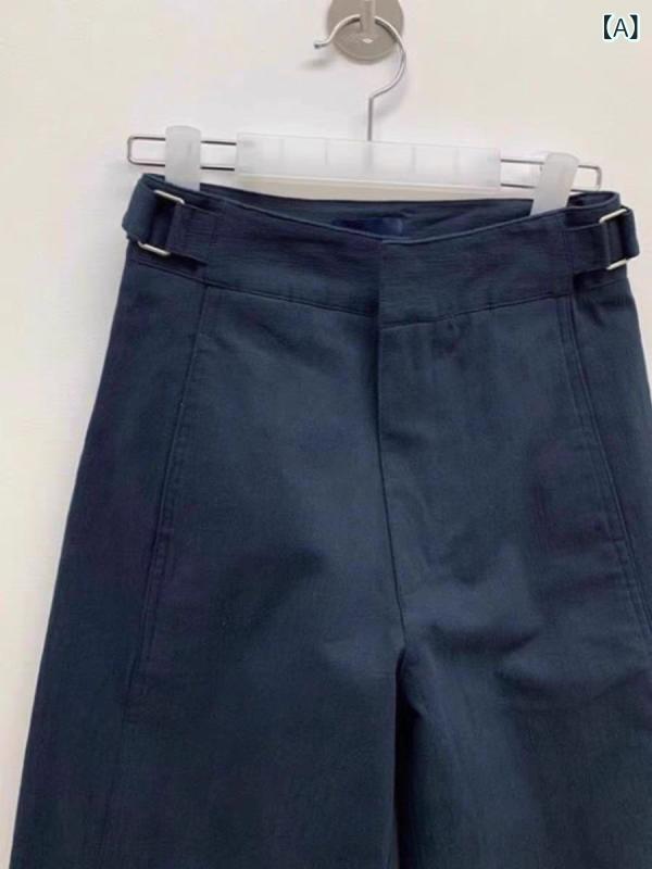 レディース ワイドパンツ 高腰 直筒 コットン ポリエステル 混紡 紡績 素材 微弾性 通勤 スタイル 気質 デザイン ポケット 付き 長丈 夏 シーズン ネイビー 隠れ股 スリム 効果 韓国風 コーディネート ハンサム ビジネス カジュアル 普段使い 2