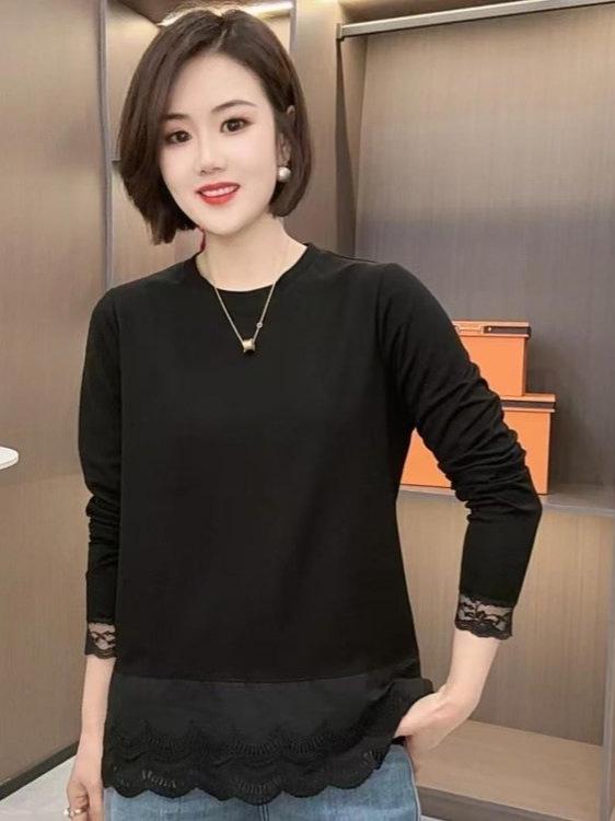 Tシャツ レディース 長袖 春季 薄手 インナー トップス 気質 通勤 セットアップ 百搭 スリム レース 透視 デザイン 黒 米白 純色 丸首 セットアップ 普通丈 免燻 定期型 流行 気質風 通勤風