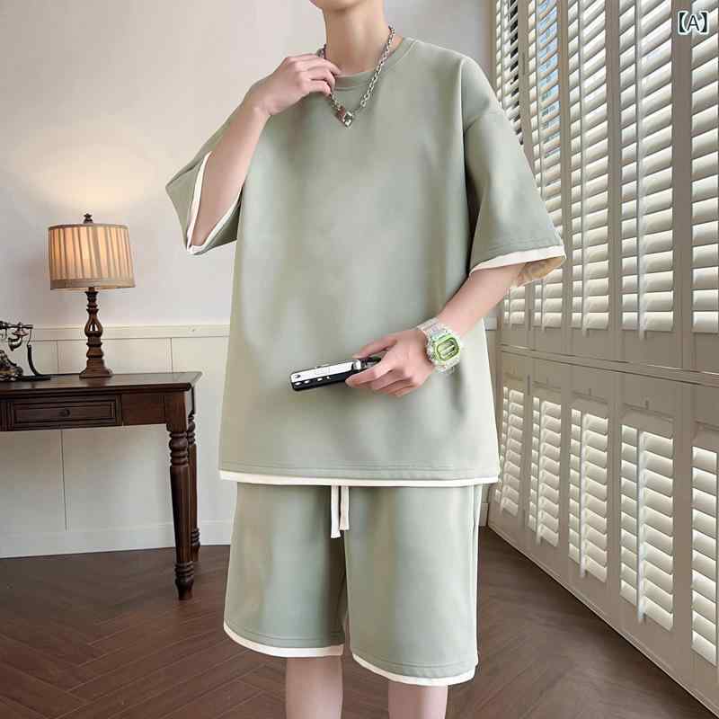メンズ スポーツ セットアップ 短袖 Tシャツ ショーツ セット ポリエステル 涤纶 素材 軽量 速乾 ゆったり シルエット 浅軍緑 白 黒 炭灰 カラー 夏 春夏 シーズン 休闲 青春 スタイル 18-24歳 対象