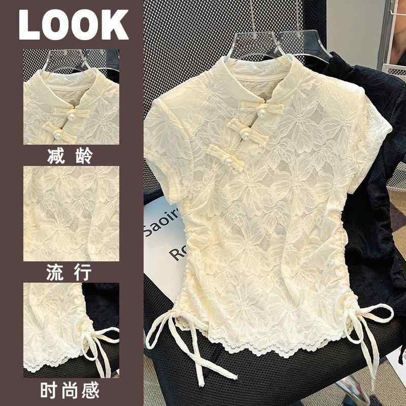 Tシャツ レディース 夏 短袖 米 黒 斜め襟 透け感 盤ボタン 中国風 軽やか 修身 短...