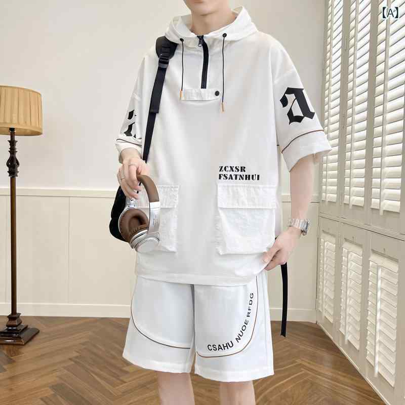 メンズ スウェット セットアップ 短袖 Tシャツ 短パン 連帽 綿素材 春夏 スポーツ 休日 白色 灰色 黒