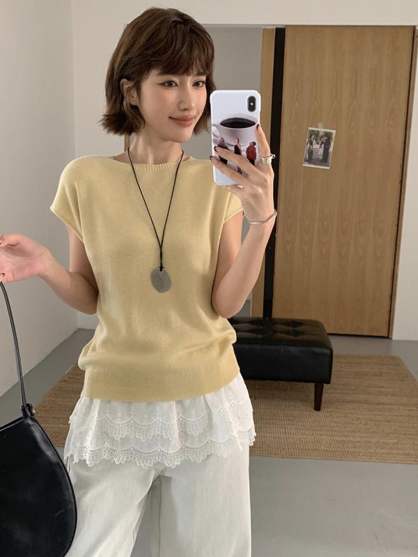 レディース ニット トップス 短袖 丸首 春季 羊毛 混合素材 純色 基本款 スリーブ 通常丈 セット頭着用 日韓 カジュアル スタイル 水冰..