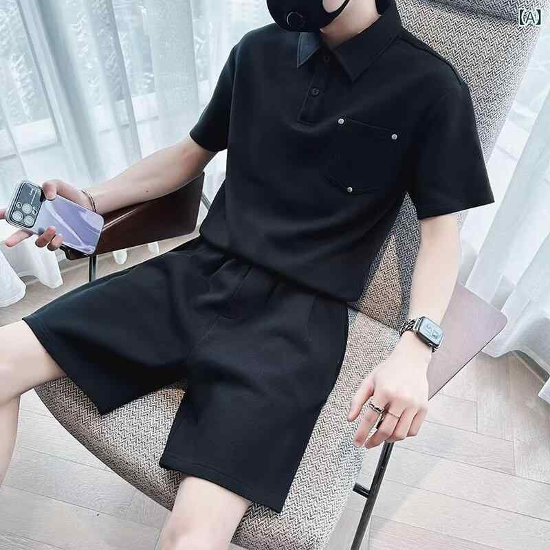 Men'S Wear - メンズ スポーツ セットアップ 短袖 Tシャツ 膝上 ショートパンツ 綿素材 ゆったり フィット 黒 白 茶 夏 普段使い アクティブ スタイル 軽量 吸汗 速乾 機能 ポロ 風