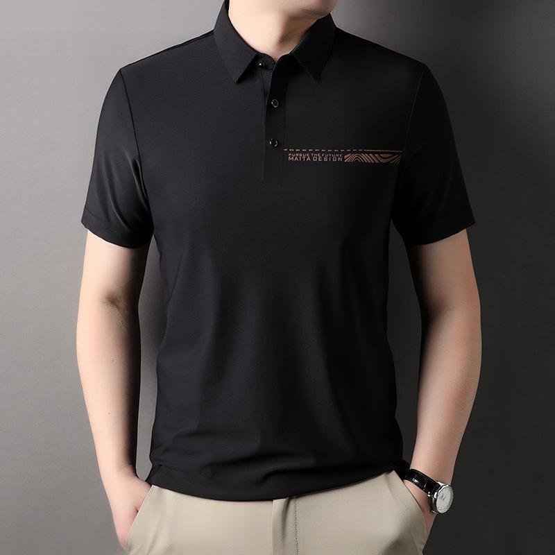 メンズ Tシャツ 短袖 翻領 純色 薄手 透気 合体型 ニット 化繊混紡 黒 グレーグリーン ネイビー 日常着 中年 男性用 夏 トップス 打底 休闲 ベースレイヤー 軽量 綿混 ポロ風 スタンダード ベーシック 着こなし