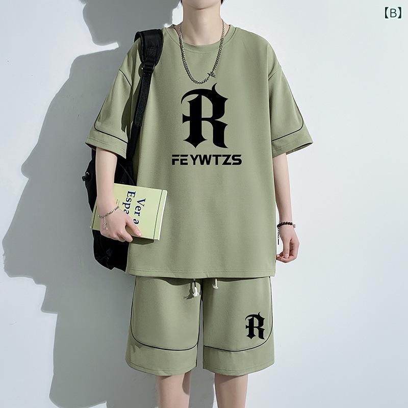 メンズ スポーツ セットアップ 短袖 Tシャツ 半ズボン 涼しい ポリエステル 素材 黒 緑 白 夏 コーデ 休闲 学生 服 トレンド ルーズフィット トップス ボトムス 組み合わせ 爽やか スタイル 運動着 3