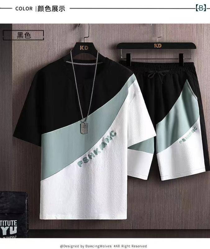 フォークBRのメンズ Tシャツ 短パン セット 薄手 切り替え デザイン 快適 透気 接触冷感 ポリエステル 素材 夏用 グレー 黒 白 青春 スタイル 18-24歳 向け 軽量 吸湿速乾 機能 運動 普段使い シーン｜アングル2