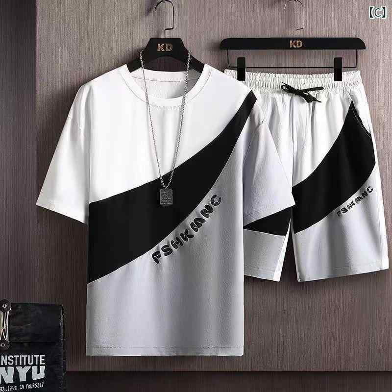 フォークBRのメンズ Tシャツ 短パン セット 薄手 切り替え デザイン 快適 透気 接触冷感 ポリエステル 素材 夏用 グレー 黒 白 青春 スタイル 18-24歳 向け 軽量 吸湿速乾 機能 運動 普段使い シーン｜アングル3