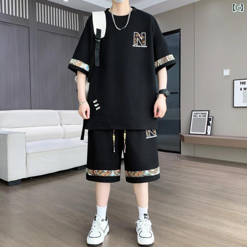 メンズ スポーツウェア セットアップ Tシャツ 短パン 短袖 米白 緑 黒 化繊混紡 ポリエステル100% 夏 運動 休闲 ファッション ゆったり 大きいサイズ 学生 ティーン トレンド 百搭 人気 快適 軽量 吸湿速乾 通気性 日常使い 3