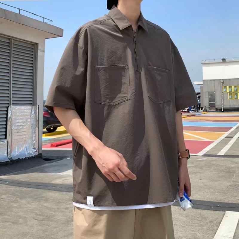 メンズ Tシャツ 半袖 ポロシャツ 夏季 薄手 アイシースカーフ 接触冷感 速乾 黒 軍緑 紺 ゆったり 翻領 多ポケット 免烫 カジュアル 韓国風 復古 ファッション