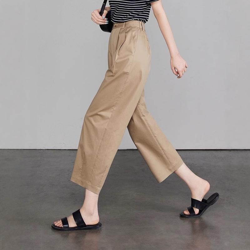 レディース ワイドパンツ 直筒 九分丈 高腰 スリム効果 ゆったり ストレート シルエット かっちり 通勤 ビジネス 普段使い 軽量 薄手 ポリエステル 混 ポリウレタン 混 カーキ ネイビー ピンク 夏 女性用 気質 スタイル ファッション 靴下 合わ