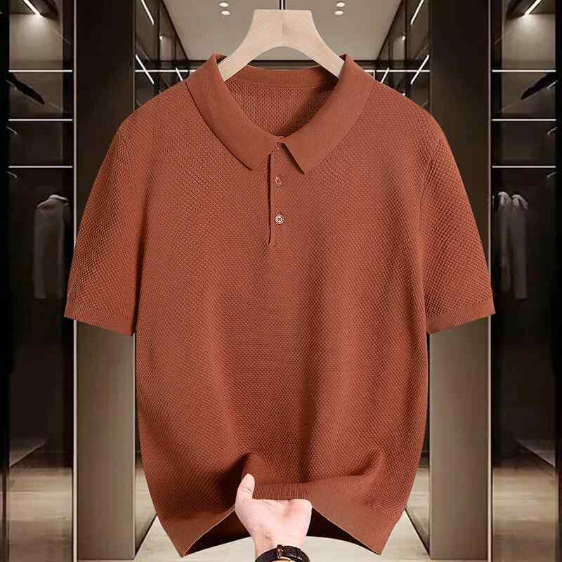 メンズ Tシャツ 翻領 半開きボタン 短袖 ゆったり 薄手 ポリエステル 無地 幾何学プリント 日常 夏 黒 緑 茶色 2025 春 青春 流行 都市 韓国風 休闲 ニット風 修身 スタイリッシュ ベーシック コットンライク 涼しい 通勤 普段使い カジ