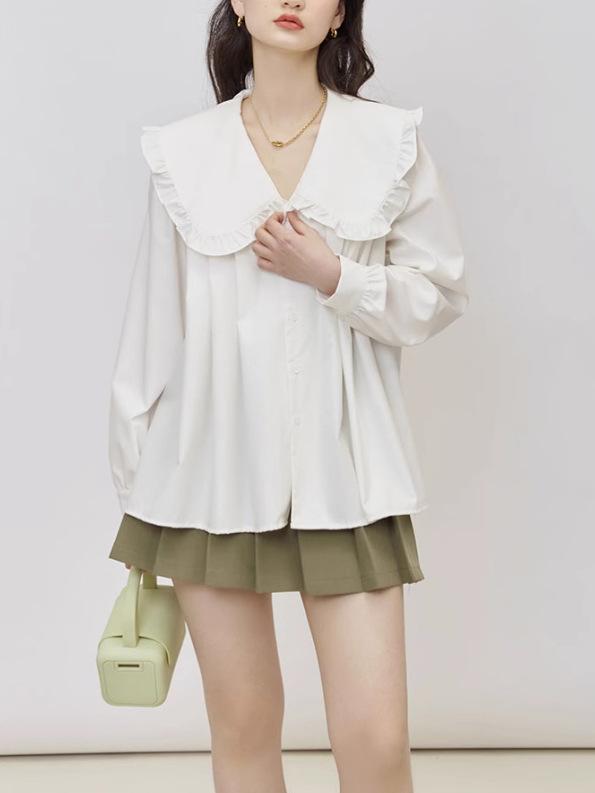 ・カテゴリ: シャツ・スタイル: 通勤風・主な素材: 綿30-50%・柄: 無地・袖丈: 長袖・袖型: ランプシェード袖・カラー展開: ホワイト・サイズ展開: S、M、L、XL・デザイン: 開襟・フィット: 標準・着丈: 普通(50-65cm)・プロセステクノロジー: パッチワーク