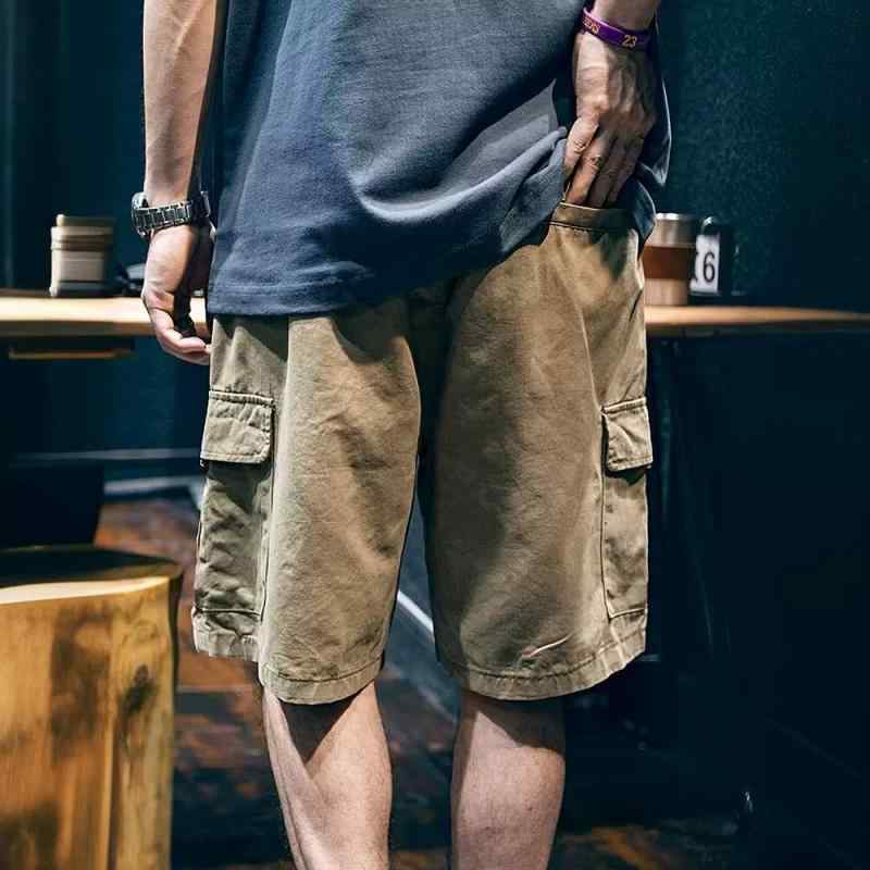 乐天商城 - メンズ ショートパンツ 夏用 機能性 クイックドライ クロスボーダー 復古 ワイドレッグ ハイストリート ストリートファッション ワークウェア 5分丈 直筒型 高腰 系紐 普通厚 無弾力 純色 化繊混紡 ポリエステル 日常着 黒 卡其 直筒裾