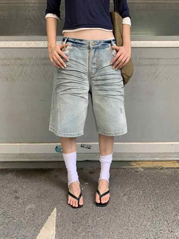 Rakuten - デニム ショートパンツ レディース 復古 タイダイ 加工 低腰 中腰 Aライン 広腿 ブルー 綿 素材 街頭風 スタイル 切り替え デザイン 做旧 加工 夏 シーズン 基本 スタイル