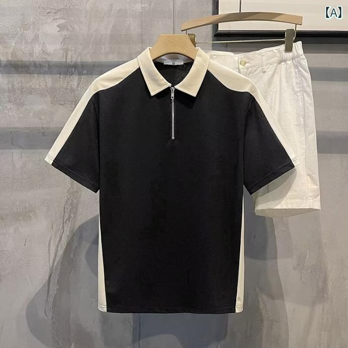 メンズ Tシャツ 短袖 半ラジ ポロシャツ ピグメントカラー 条紋柄 薄手 綿混 ポリエステル 抗菌 ゆったりシルエット 黒 白 グレー ベージュ 日常使い 夏 春夏