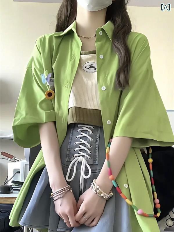 Rakuten - シャツ レディース ポロカラー 短袖 緑 紫 胸花 ボタン ポケット ゆったり スリム 夏 純色 綿混 伸縮性 学生 デート 私服 通学 普段使い