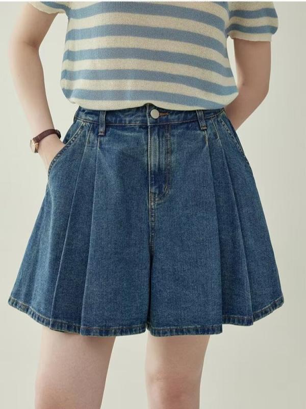 スカートパンツ 牛仔布 高腰 ワイドレッグ Aライン 膝上丈 女性用 夏 ミディアム厚 ブルー 気質 通勤 スタイル 基本款 プレス加工 ゆったり 無弾力