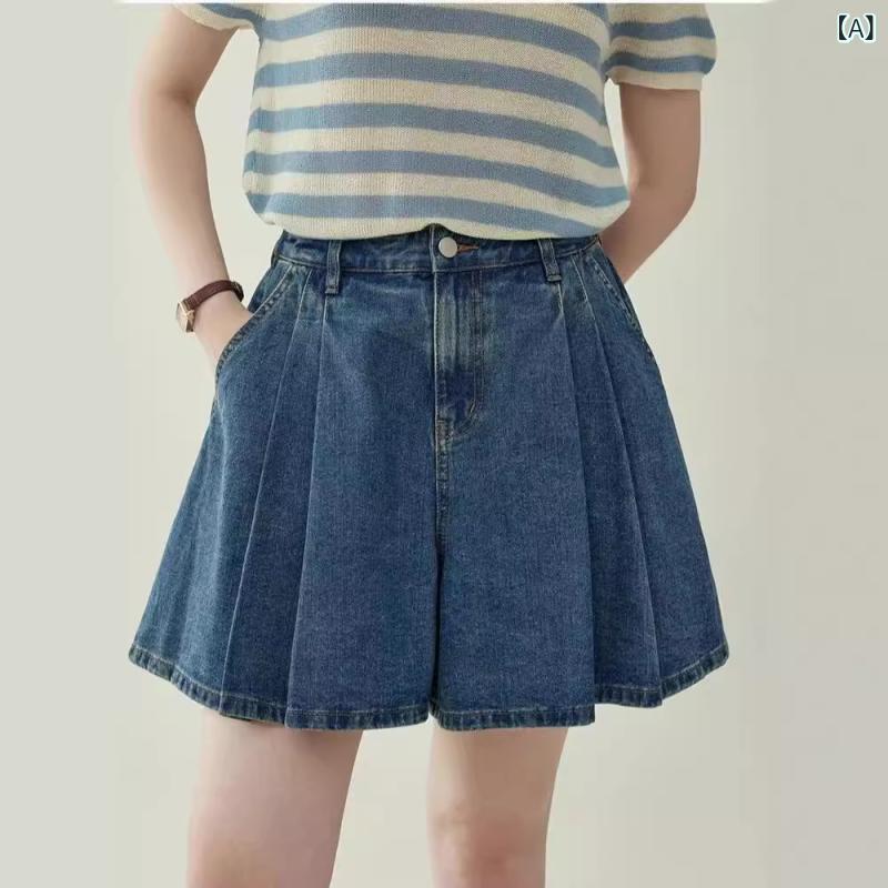 スカートパンツ 牛仔布 高腰 ワイドレッグ Aライン 膝上丈 女性用 夏 ミディアム厚 ブルー 気質 通勤 スタイル 基本款 プレス加工 ゆったり 無弾力 2