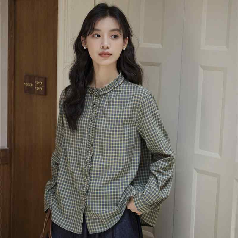 ・カテゴリ: シャツ・スタイル: 日式風・主な素材: 綿70-80%、ポリエステル30%未満・柄: 格子・タイプ: 開衫・袖丈: 長袖・袖型: シャツ袖・フィット: ルーズフィット・衣丈: 普通・ネックライン: ラウンドネック・流行要素: フリルエッジ・カラー展開: グリーン・サイズ展開: S、M、L
