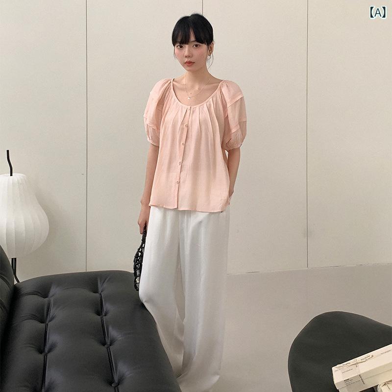 レディース シャツ トップス 短袖 セットアップ 泡泡袖 褶皱 デザイン ポリエステル 化繊 素材 ピンク 黄色 杏 ライトブルー カラーバリエーション 韓国風 日常 デイリー スタイル ゆったり ルーズ フィット 丸首 プルオーバー 夏 季節 通勤 ビ 2