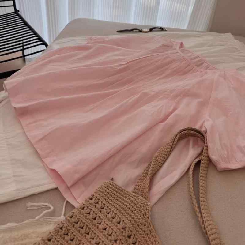 女性用 短袖 シャツ ピンク 綿麻 混紡 純色 デザイン 切り替え 加工 丸首 ルーズフィット 普通丈 セットインスリーブ 通勤 スタイル 気質 快適 休闲 夏 季節 百搭 トップス 減龄 スタイル ぽっちゃり 対応 スリム 効果 かわいい ファッション