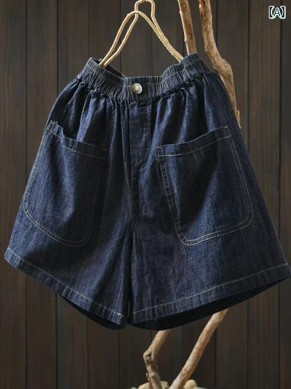 フォークBRのデニム ショートパンツ レディース 夏 短め 綿素材 中腰 薄手 直筒 ゆったり ポケット ブルー かわいい デイリー 軽量 通勤 普段使い 5分丈 ビッグシルエット シンプル スタイリッシュ｜アングル2