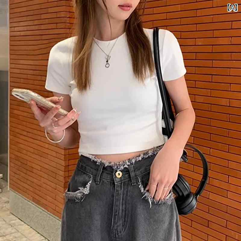 樂天商城 - Tシャツ レディース 短丈 丸首 夏 コットン スパンデックス 混紡 無地 短袖 タイトフィット ハイウエスト 修身 スリム スタイル 百搭 インスパイア ホット 白 黒 ワインレッド 抹茶グリーン 日韓 カジュアル スタイル 女性 トップス シャツ 普