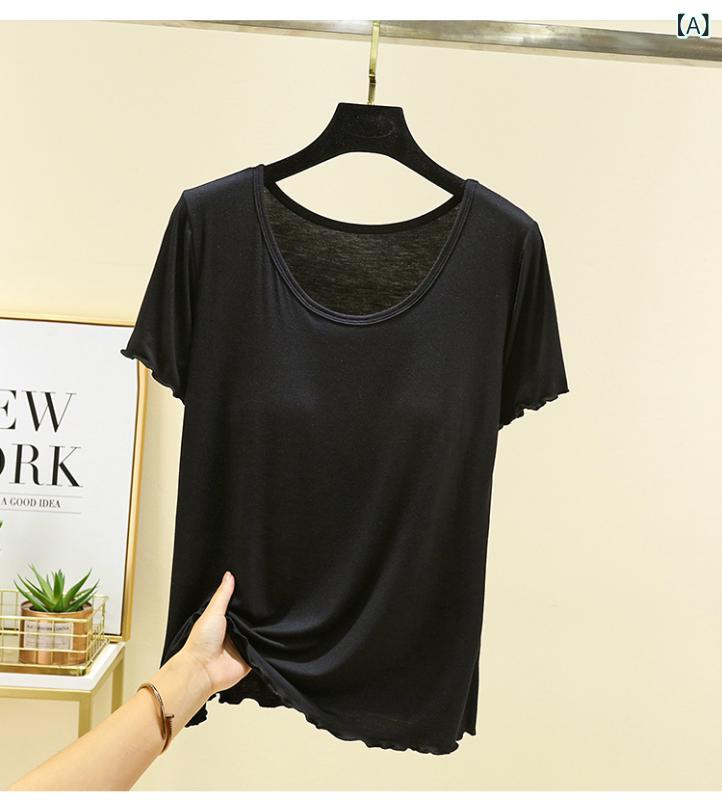 レディース Tシャツ モダール インナー ブラ無し ワイヤレス ブラトップ 丸首 短袖 ルーズフィット 薄手 夏 部屋着 上着 大きいサイズ スリム効果 汗取り インナー ブラキャミ 黒 ピンク 緑 接触冷感 軽量 吸湿速乾 カジュアル