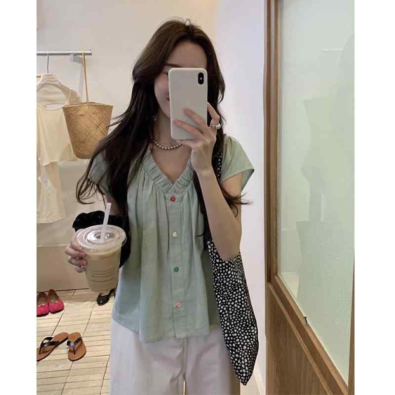 レディース シャツ Vネック 短袖 切り替え ボタン プリーツ ゆったり トップス 私服 女性用 綿混 スパンデックス 混紡 無地 杏 緑 ピン..