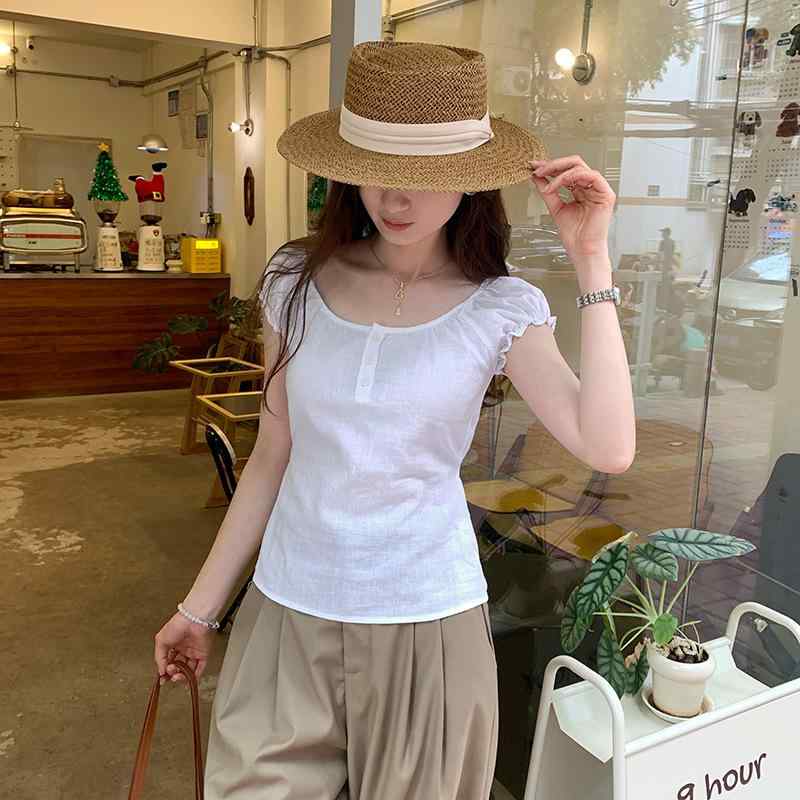 T-Shirts - Tシャツ レディース 泡泡袖 短袖 修身 麻 素材 気質 通勤 スタイル 直筒 丸首 純色 水洗加工 夏 白色 杏 白 紺 かわいい 軽量 通勤 普段使い トップス 女性用
