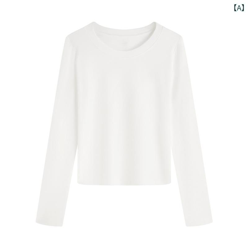 Rakuten - Tシャツ レディース 秋 丸首 長袖 修身 弾力 インナー トップス コットン 綿 スパンデックス ストレッチ 純色 セットアップ 日常 デイリー 黒 灰 ピンク