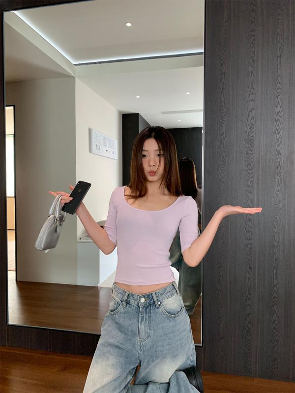 Three-Quarter - Tシャツ レディース 春季 かわいい 甘辛風 Uネック 短袖 トップス 百搭 低領 正肩 綿 素材 純色 セットアップ 修身 型 切り替え 加工 馬カロンカラー 白色 黒 浅紫 韓国風 スタイル 日韓 スタイル 快適 ゆったり 普段使い カジュアル 着こ