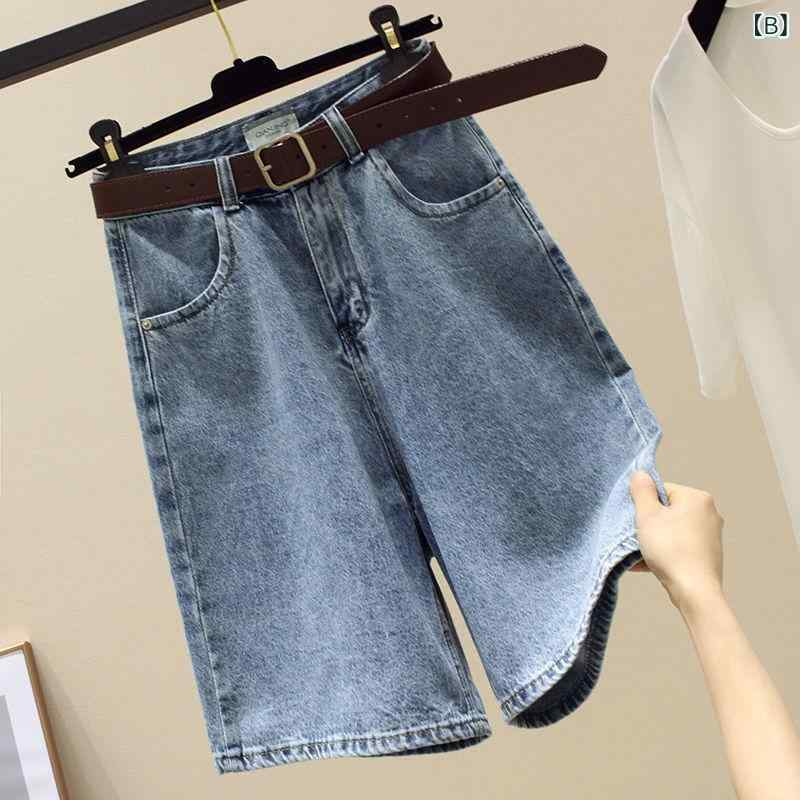 レディース デニム ショートパンツ 高腰 5分丈 直筒 ワイドレッグ 夏 薄手 コットン 素材 ジッパー デザイン 気質 通勤 スタイル 都市風 復古 ライトブルー ブラック かわいい 韓国風 2