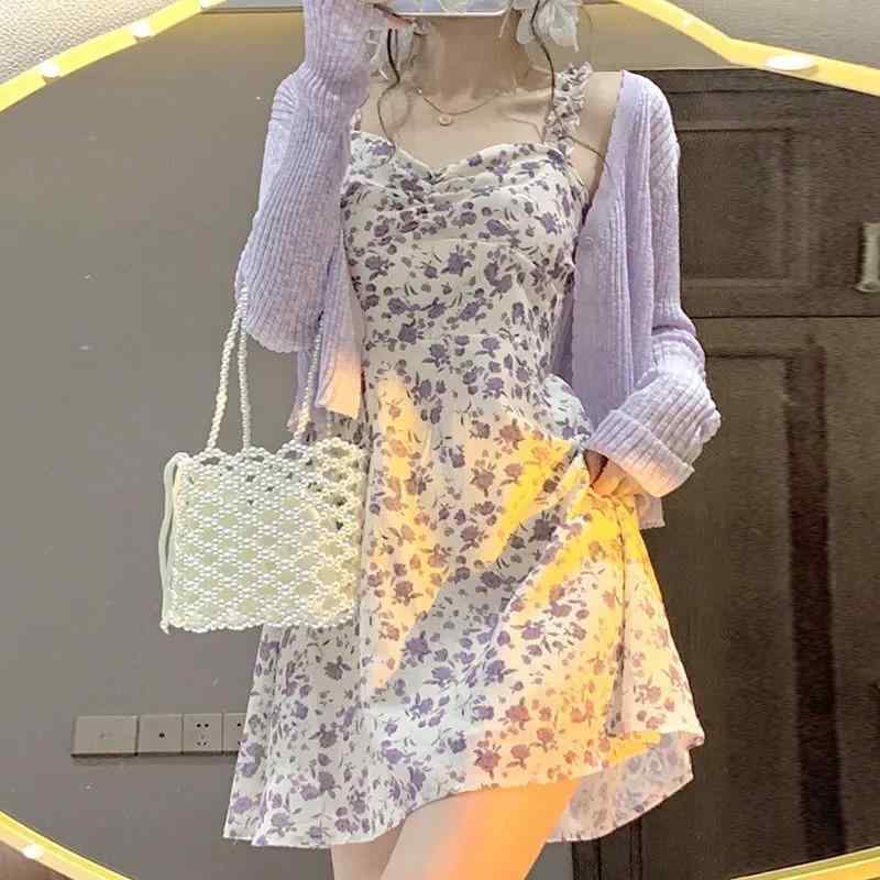 Other - レディース セットアップ ワンピース 開衫 花柄 吊り帯 夏 デザイン ショート丈 雪尼尔素材 氨纶混紡 私服 御姐スタイル 気質 プリンセススリーブ 無袖 切り替え 軽量 伸縮性 涼しい 通勤 デイリー ブラック ピンク アイボリー