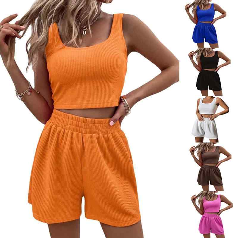 レディース ニット 無袖 トップス ショートパンツ セットアップ 純色 切り替え デザイン 涤纶 素材 橘 白色 黒 夏 スタイル かわいい 少女風 甘め ルーズ フィット 日韓 ファッション 軽量 快適 着こなし コーデ アイテム