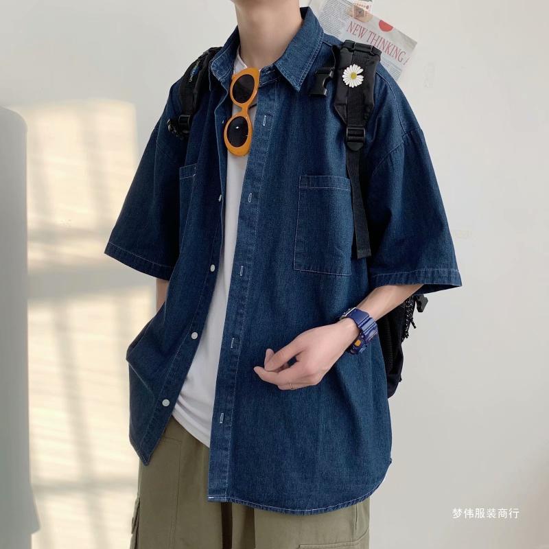 乐天商城 - メンズ シャツ 牛仔 トップス 短袖 青少年 男性用 夏 春夏 深藍 浅藍 ポリエステル 繊維 涼感 洗濯機洗い 可能 潮流 開襟 ルーズ フィット 日常 普段使い 軽量 薄手 プリント 柄 コットン ライク 素材 伸縮性 通勤 カジュアル ビッグ シル