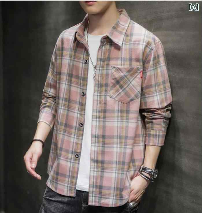 Casual Shirts - メンズ シャツ トップス 長袖 格子柄 赤 紺 春夏 秋 薄手 綿混紡 ポリエステル 透気性 吸湿速乾 免燙 ゆったり 尖襟 開襟 カジュアル 軽熟 青年 普段使い 外出着 印花 デザイン