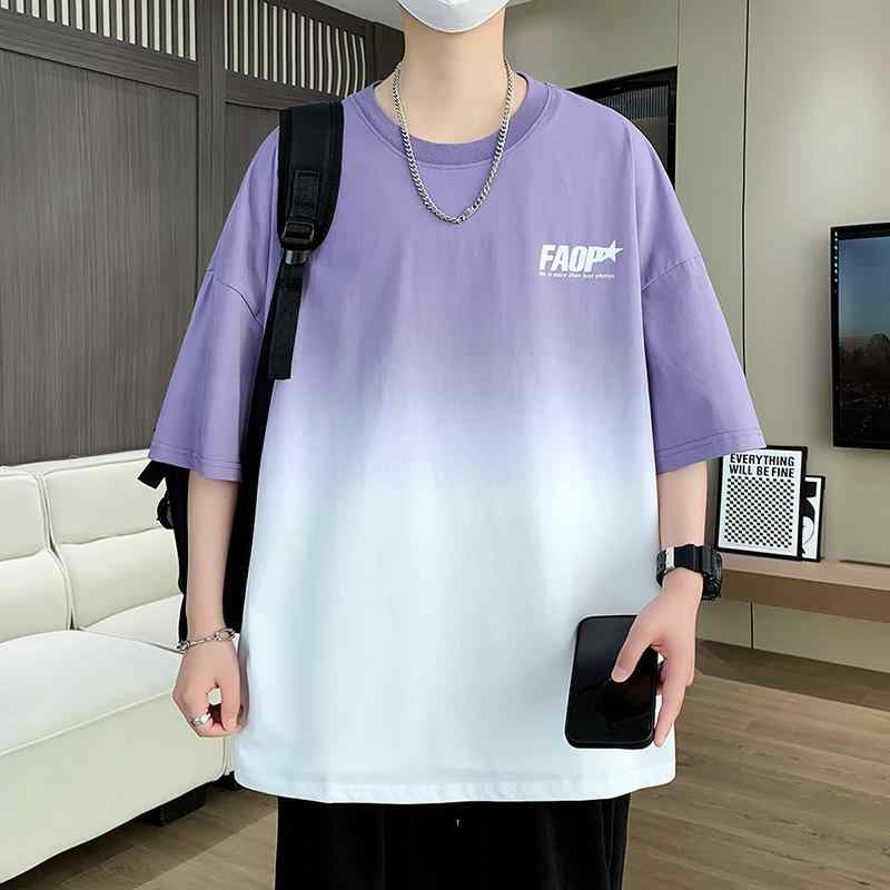 樂天商城 - Tシャツ メンズ 短袖 夏 青少年 学生 薄手 接触冷感 条紋柄 ラウンドネック ゆったりシルエット 抗菌 ポリエステル 再生繊維 ピンク 紫 緑 卡其 通学 スポーツ 普段使い
