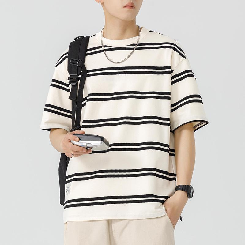Rakuten - Tシャツ メンズ 短袖 丸首 ストライプ柄 日系 レトロ ゆったり 黒 白 綿ポリエステル 透気性 日常着 夏用 青少年向け トップス ポロシャツ