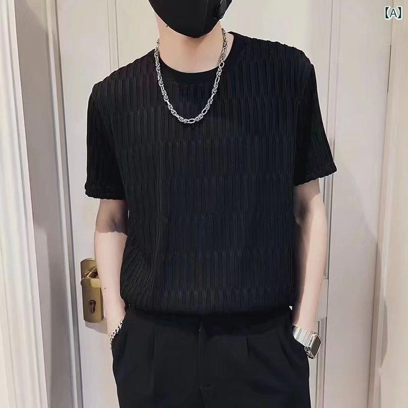 樂天商城 - メンズ Tシャツ 半袖 トップス 黒 白色 条紋柄 修身型 綿混紡 ポリエステル 短袖 インナー シャツ 春夏 韓国風 港風 潮流 シンプル ゆったり ストリート ファッション 普段使い カジュアル レイヤード ベーシック アイテム 薄手 軽量 吸汗速乾