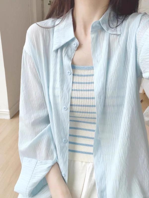 Other - レディース シャツ ピンク ブルー 薄手 防晒 夏 春夏 短袖 開衫 トップス 綿 再生繊維 天丝 3D効果 圧縮皺 中長丈 翻領 単排ボタン 復古風 快適 休闲 慵懒風 ワイドシルエット レイヤード インナー