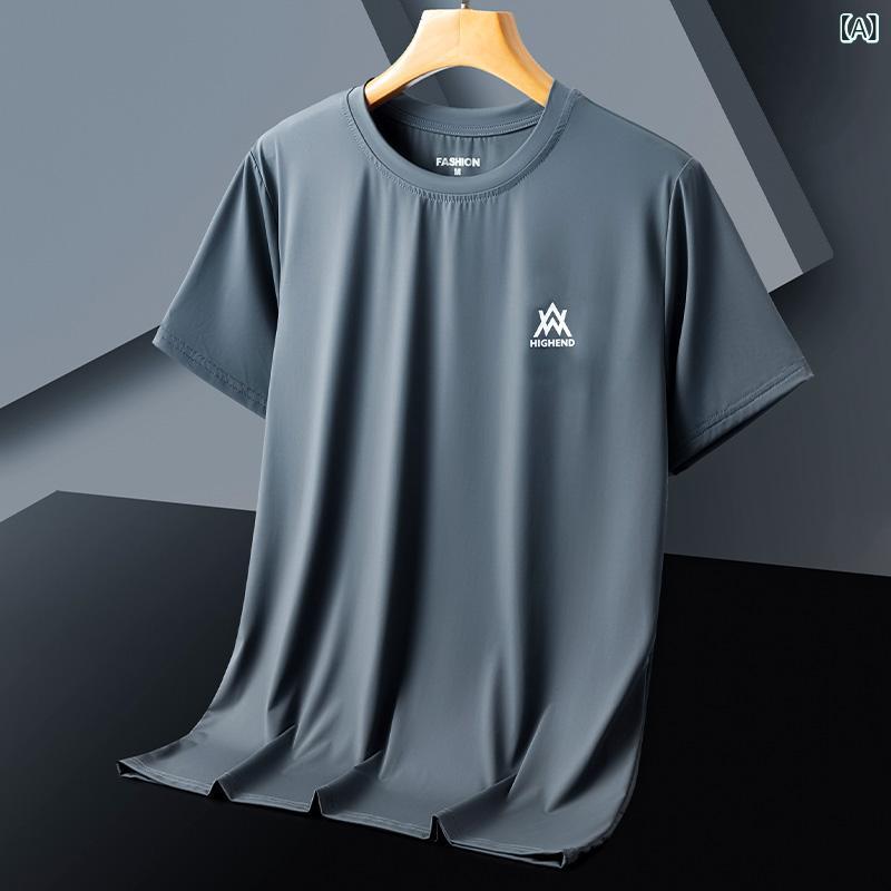 Tシャツ メンズ 短袖 接触冷感 速乾 透気 シルク調 綿 再生繊維 伸縮性 ルーズフィット 落肩袖 丸首 無地 幾何柄 プリント 都市スタイル 日常 青年 夏 黒 灰 白 緑 青