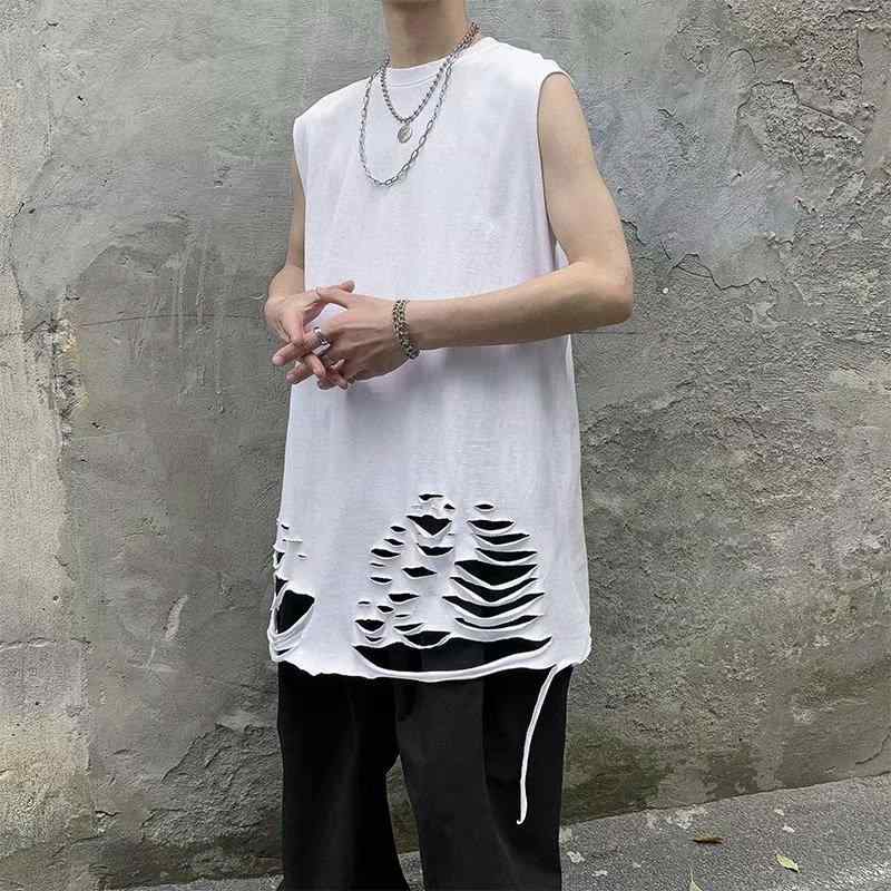 乐天商城 - メンズ 無袖Tシャツ 夏用 背心 青少年 男性用 破洞デザイン 港風 ルーズフィット 速乾 透気 抗菌 高弾性 白色 黒 純色 丸首 ノーカラー 袖なし 化纤混紡 ポリエステル100 休闲 ティーンエイジャー 18-24歳 無地 ヘム破れ クールスタイル