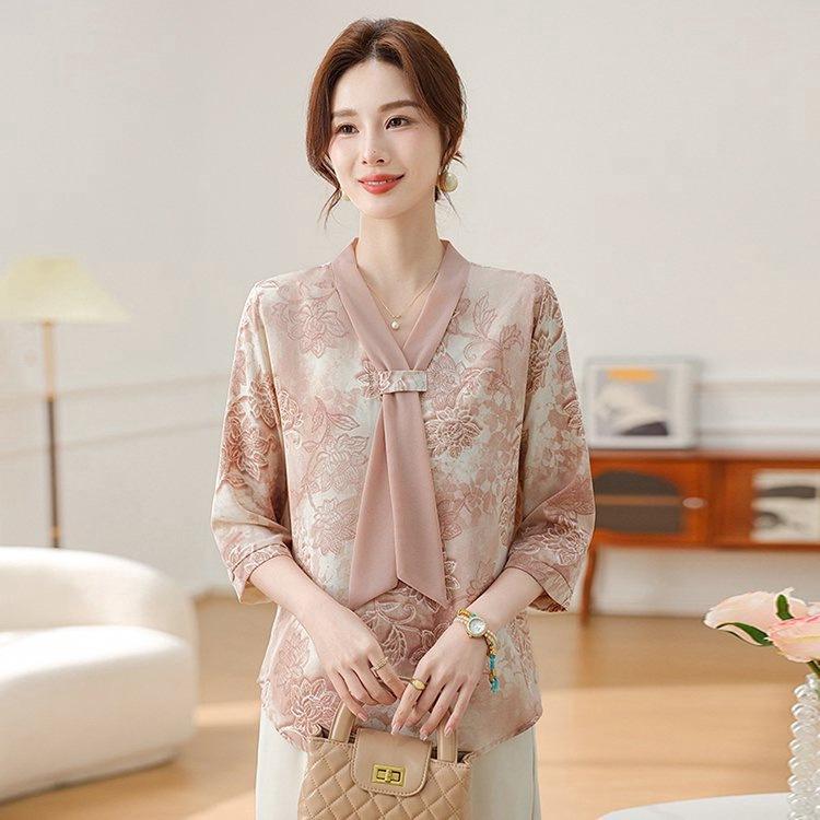 Other - シャツ レディース 中年女性用 夏服 気品 雪纺 国風 トップス 緑 ピンク Vネック 七分袖 修身 セットオン ポリエステル 再生繊維 春夏 芸術的 復古 風