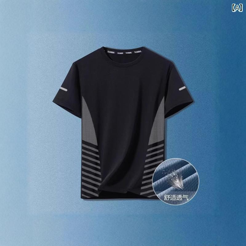 Rakuten - メンズ Tシャツ 半袖 夏用 速乾 ワイドフィット 涼感 通気性 弾力 フィットネス ランニング ビッグサイズ 薄手 ポリエステル 黒 白 グレー ブルー 日常着 耐摩耗