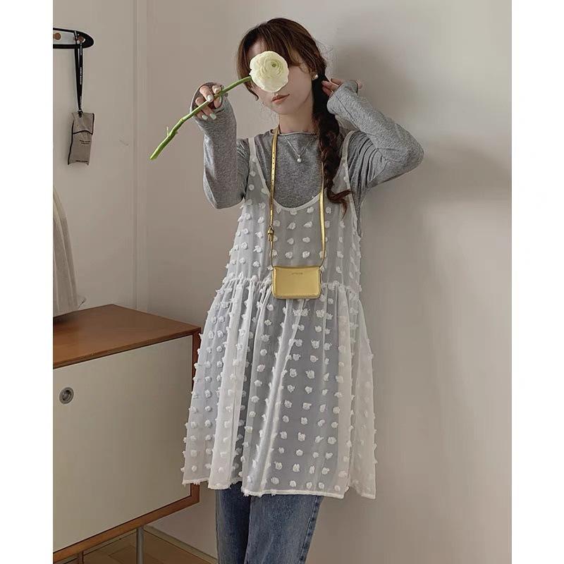 レディース ワンピース 吊り帯 無袖 コルセット ネットヤーン レース 刺繍 シャーリング レイヤード 気質 仙女スカート 中丈 街頭風 夏 涼しい 軽量 ポリエステル 雪紡 単色 白 黒