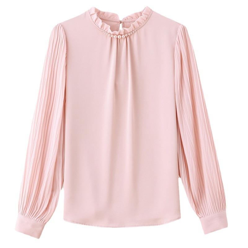 Other - レディース シャツ トップス 長袖 春夏 秋冬 シルク風 ポリエステル スパンデックス 切り替え プリーツ加工 ゆったり スタンドカラー ランプシェードスリーブ ビーズ装飾 無地 杏 ピンク 通勤 気質 快適 休闲
